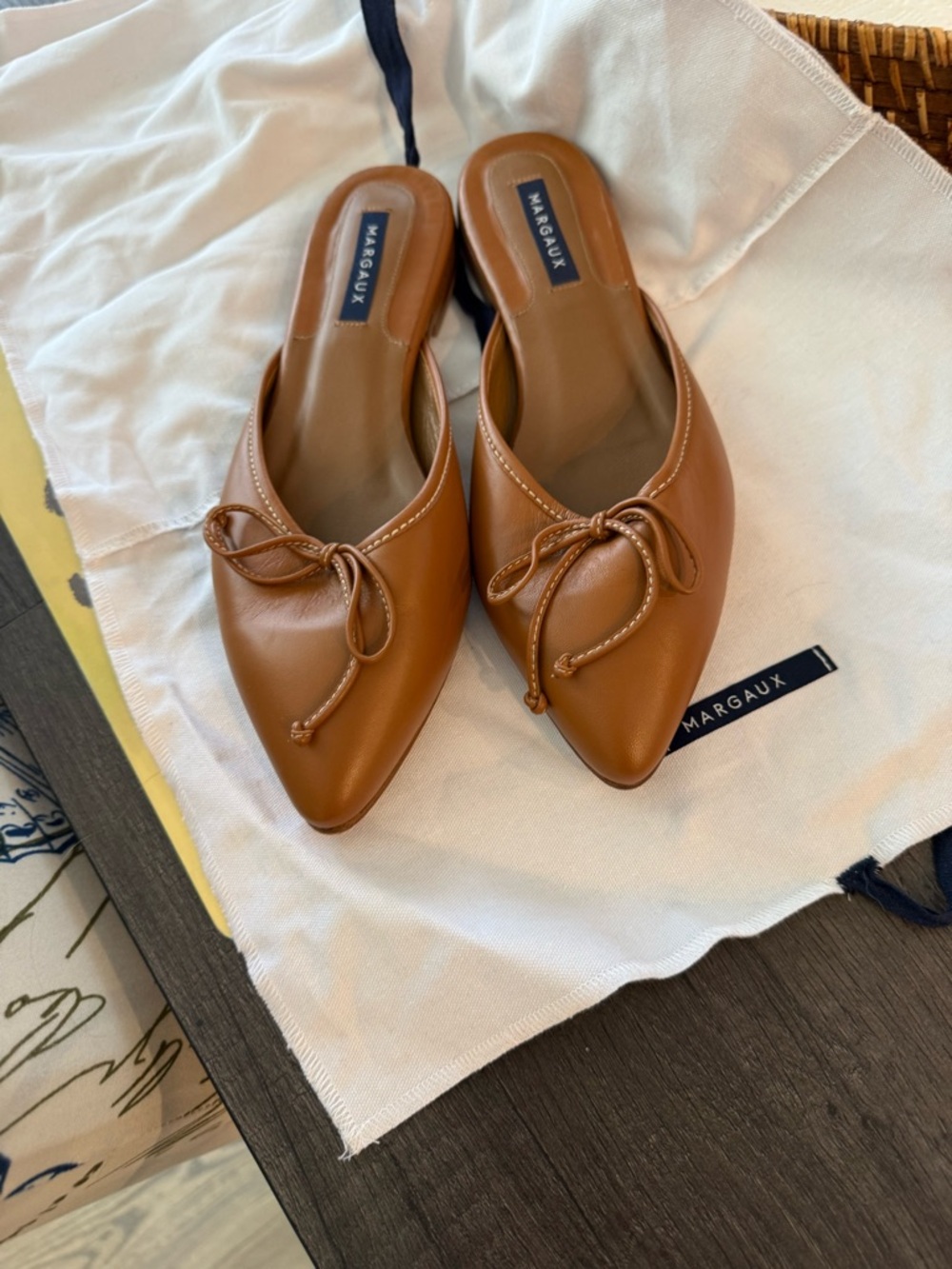 Margaux Cognac Leather Pointed-Toe Slip-On Mules with Bow